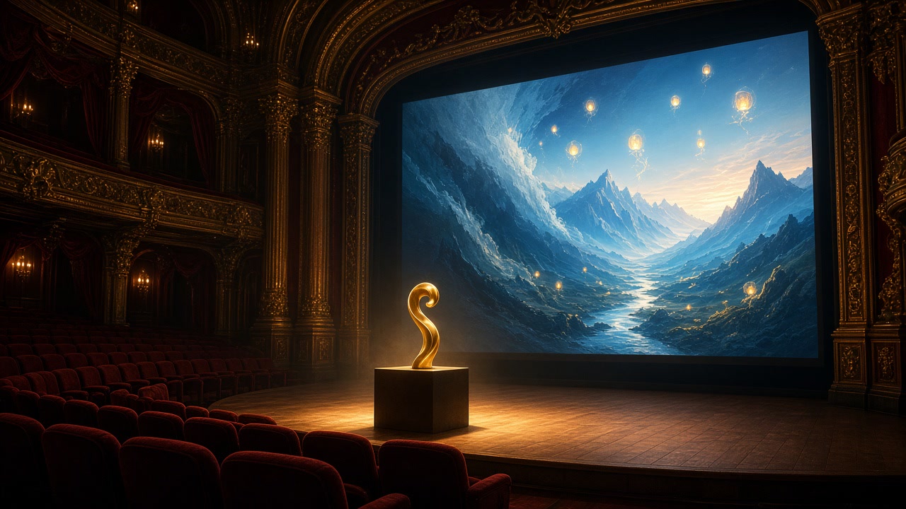 A glowing film reel and a golden statuette silhouette on a desk beside a laptop showing an animation timeline, with storyboard sketches pinned to the wall behind