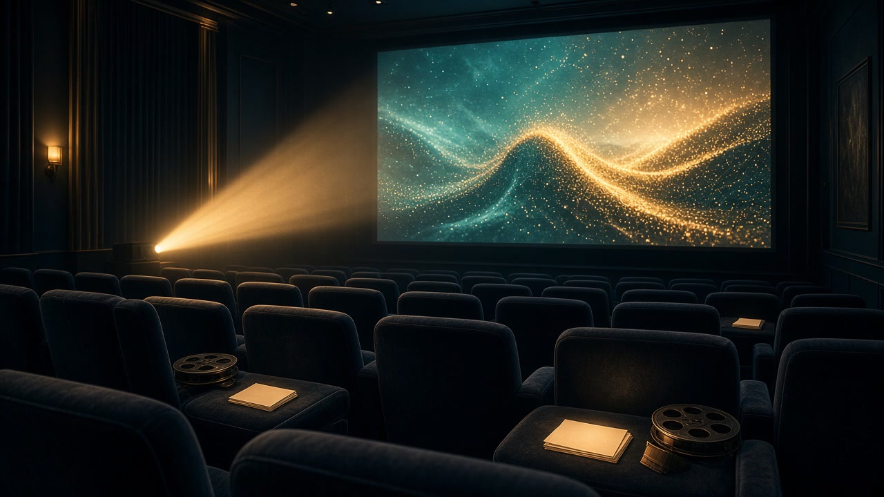 A screening room with rows of seats facing a glowing screen, where buyers with badges watch a sci-fi scene while a film reel and a contract sit on a table in the foreground