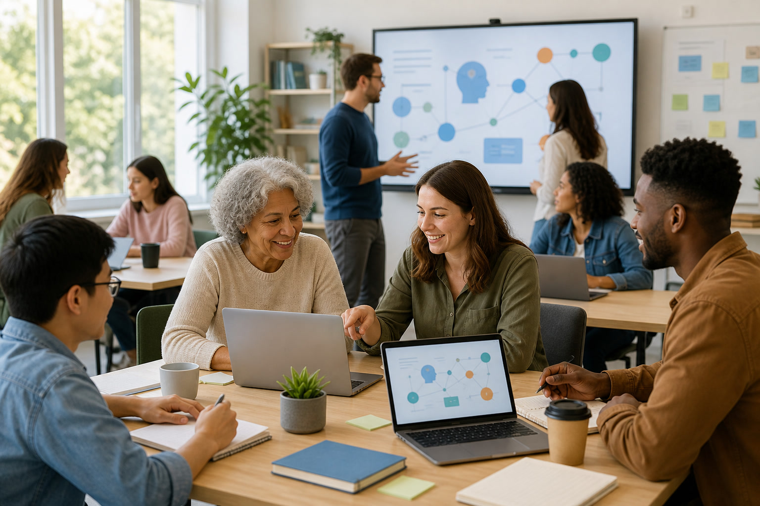 People learning and building with AI tools in a bright workspace
