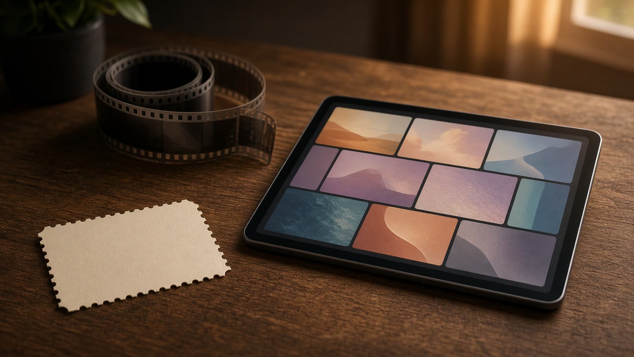 Ticket stub, film strip, and glowing storyboard tablet on a warm evening desk