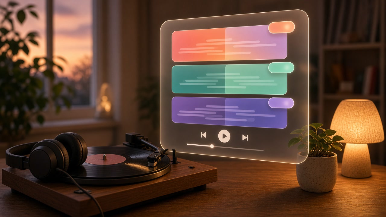 A pair of headphones resting beside a phone showing a music player with a small glowing AI label next to a song title