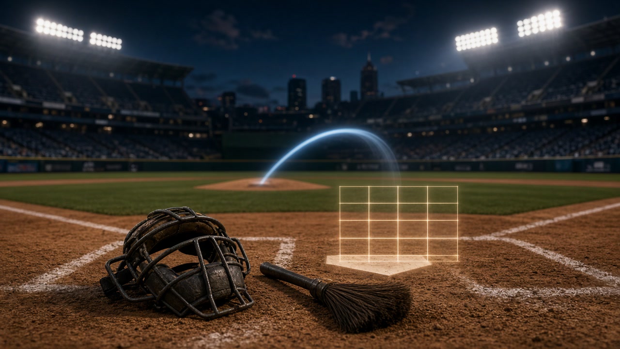 A baseball umpire and a glowing strike zone graphic side by side under stadium lights