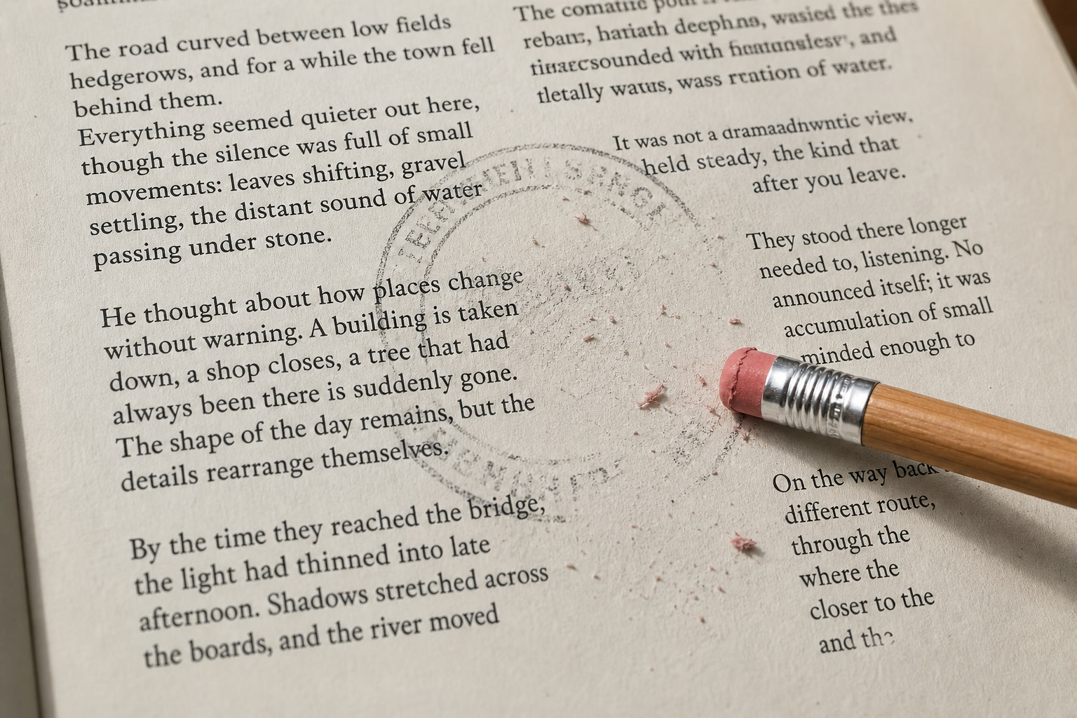 A faint official stamp smudged across a printed page of text