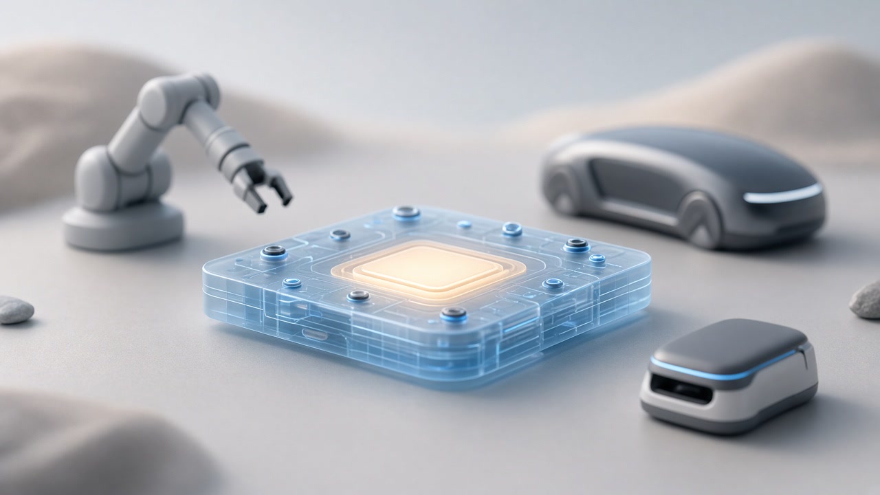 Soft abstract scene of partners and robots sharing a calm compute vocabulary