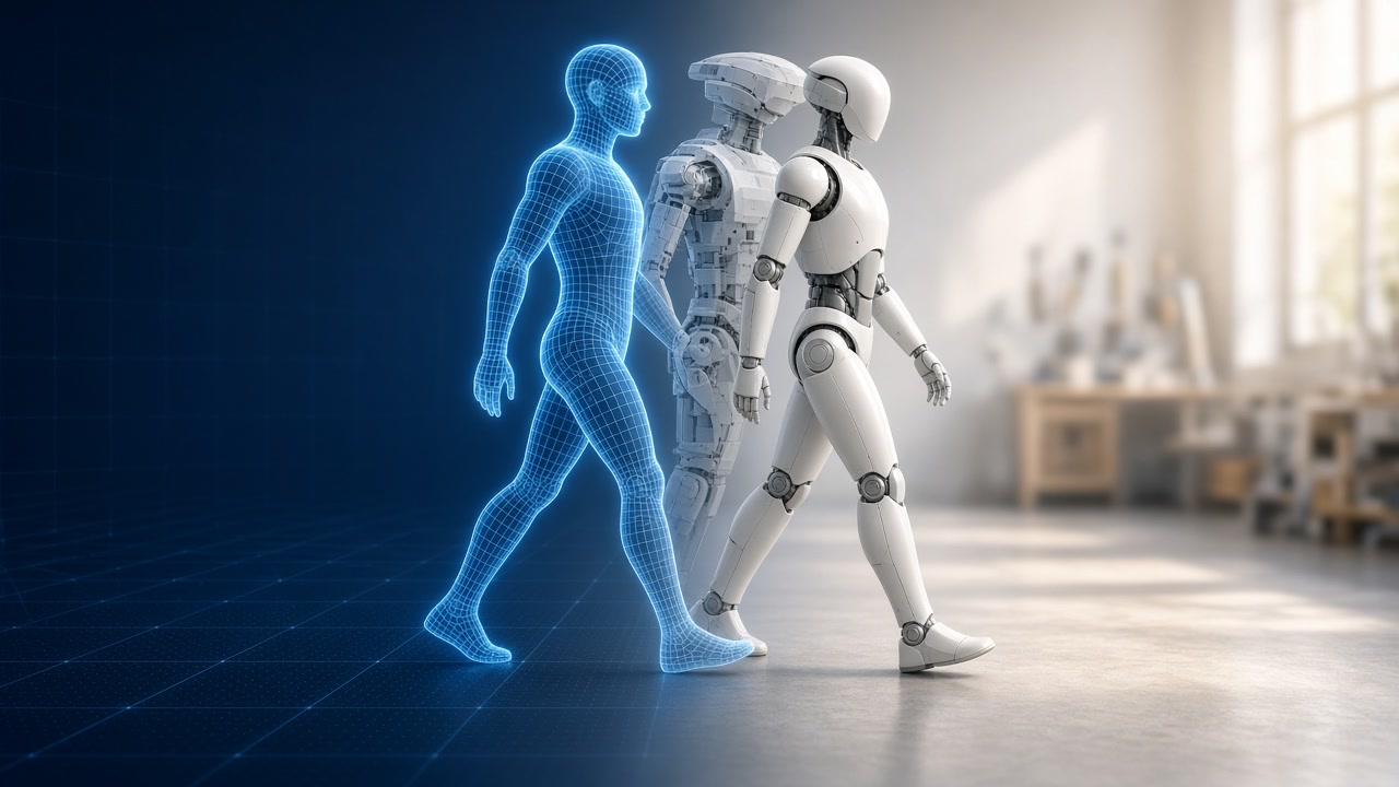 A robot moving from a translucent simulated form into a solid physical one