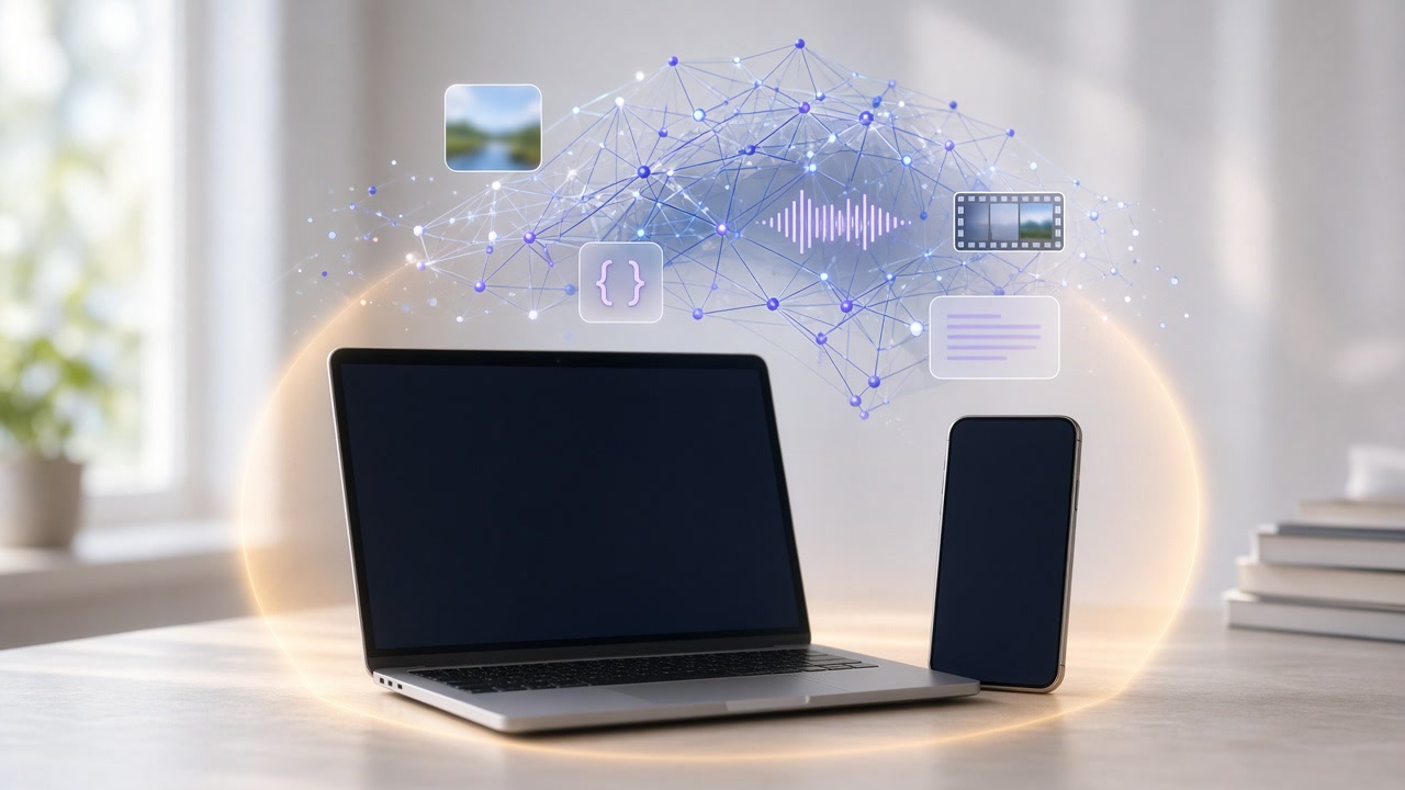 A smartphone and a laptop side by side, with photos, audio waveforms, code snippets and notes flowing into a single glowing grid of points between them