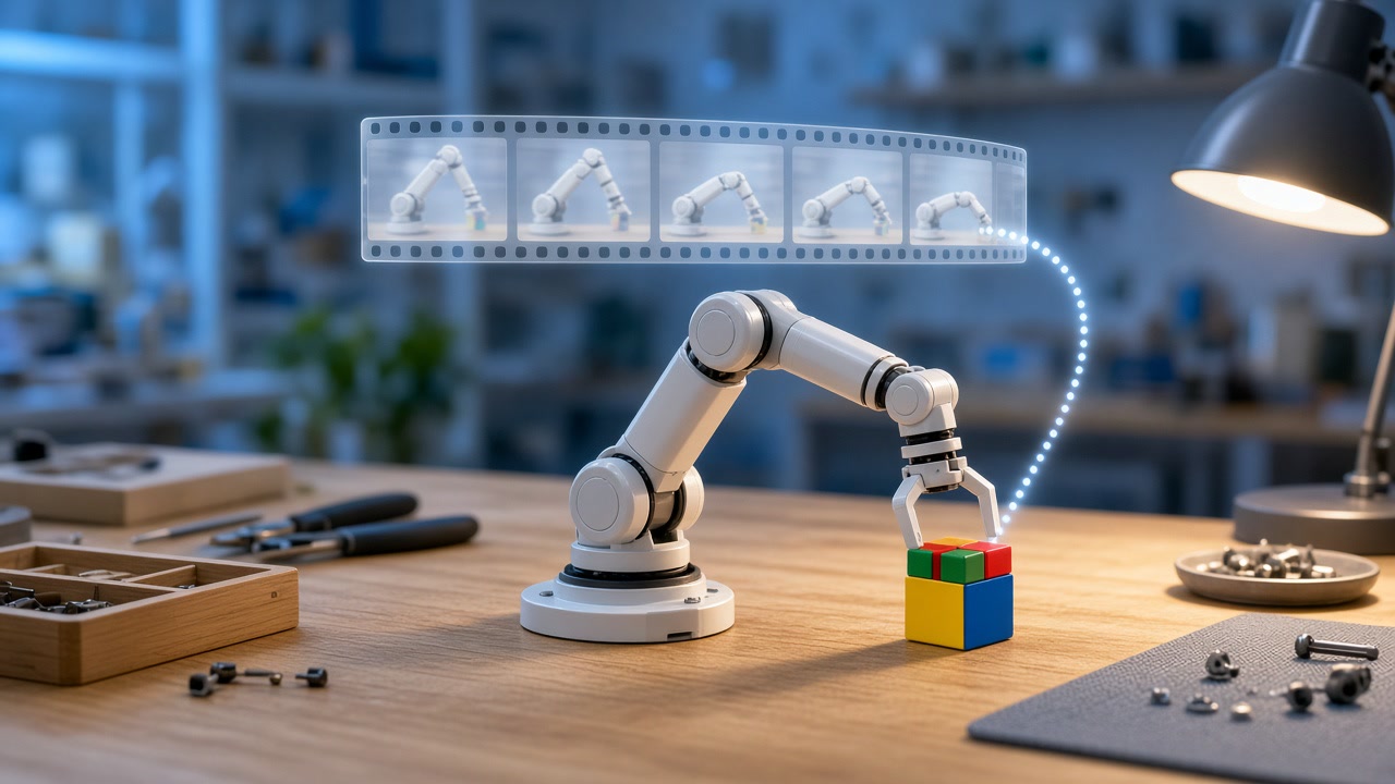 A small desk-size robot arm picking up a blue box beside a laptop showing camera frames and a stream of predicted motion, with a red emergency stop button within reach