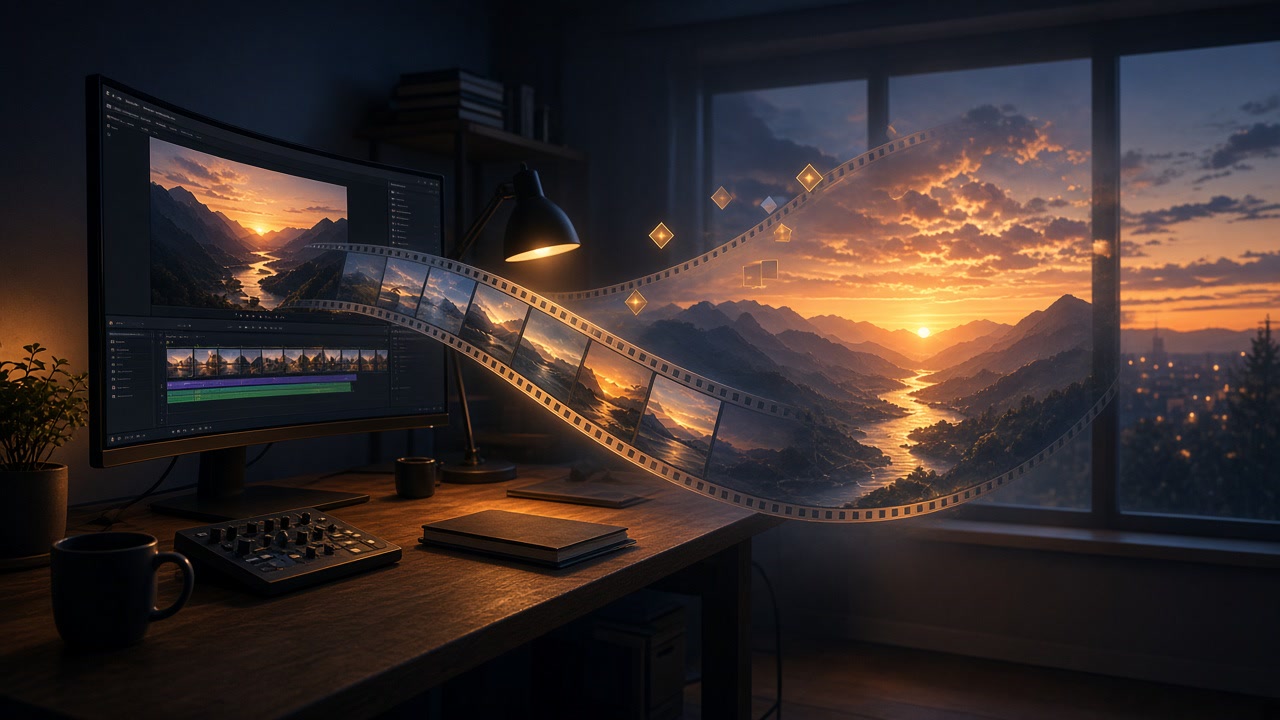 A filmmaker reviewing a long continuous AI-generated shot on a wide monitor