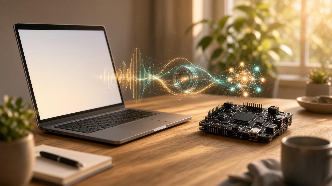 A slim laptop and a small Jetson-style board on a warm desk, with glowing threads linking a speech wave, a camera crop, and a compact neural core