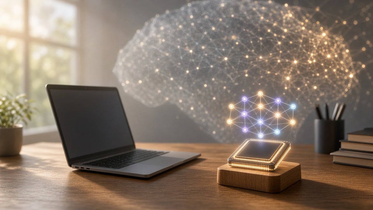A small specialized chip and compact neural diagram in the foreground, with a large cloudy frontier-model shape behind them on an empty desk