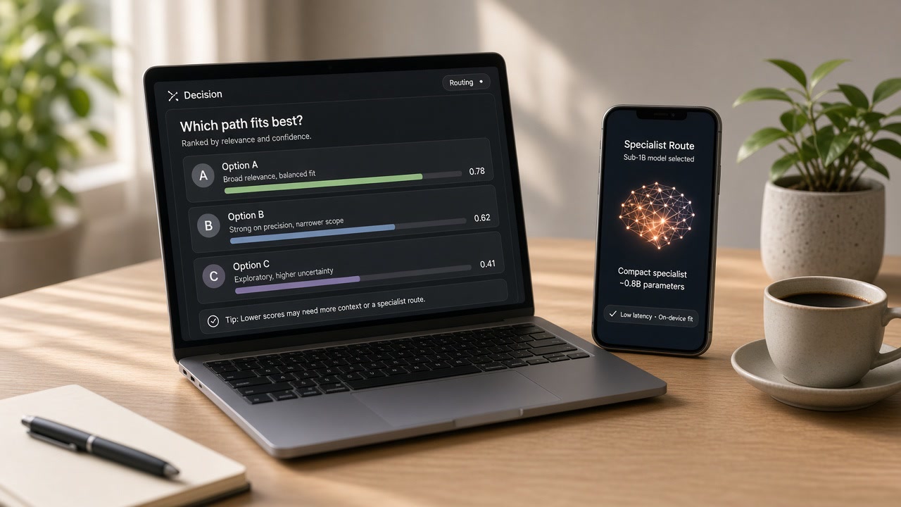 Laptop and phone with a calm typed-choice decision UI