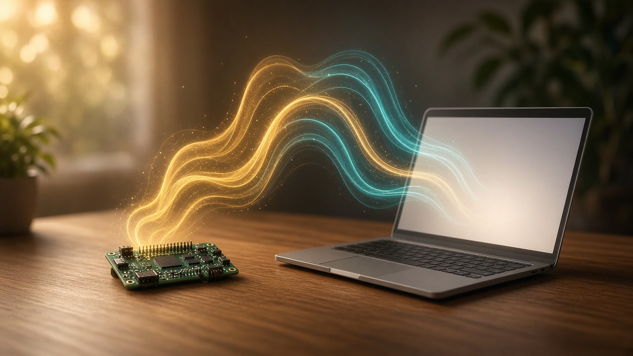 A small single-board computer and a phone on a desk, with sound waves rising from them