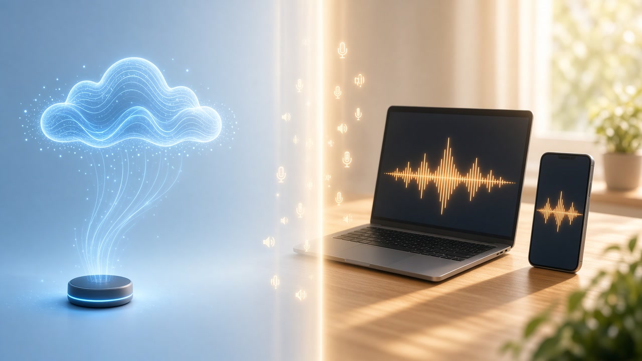 A split illustration with a glowing cloud of sound waves on one side and a laptop and phone running a voice waveform on the other, connected by a soft arc of light