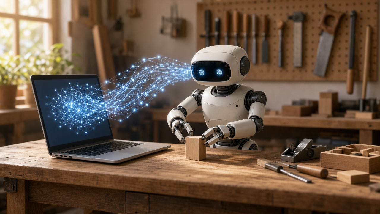 A developer at a laptop with a pair of robot arms on the desk beside them, picking up a small object while code scrolls on the screen
