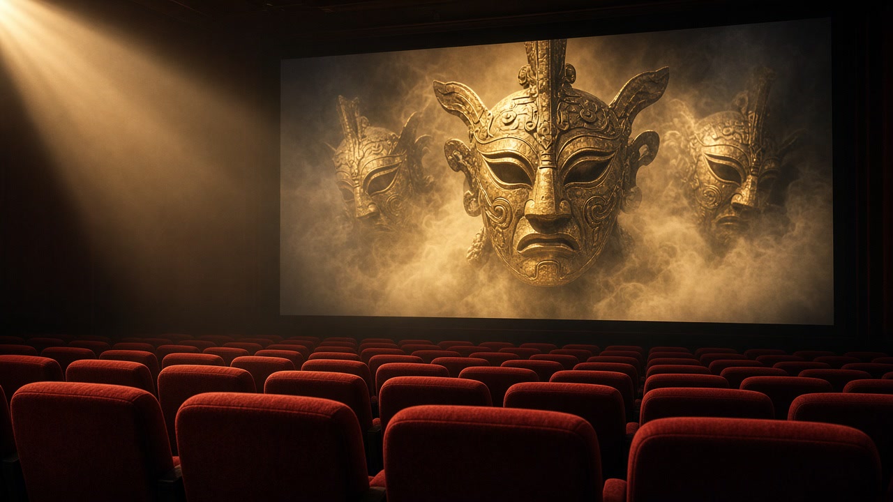 A packed cinema audience lit by a giant screen showing an ancient bronze mask dissolving into glowing digital patterns