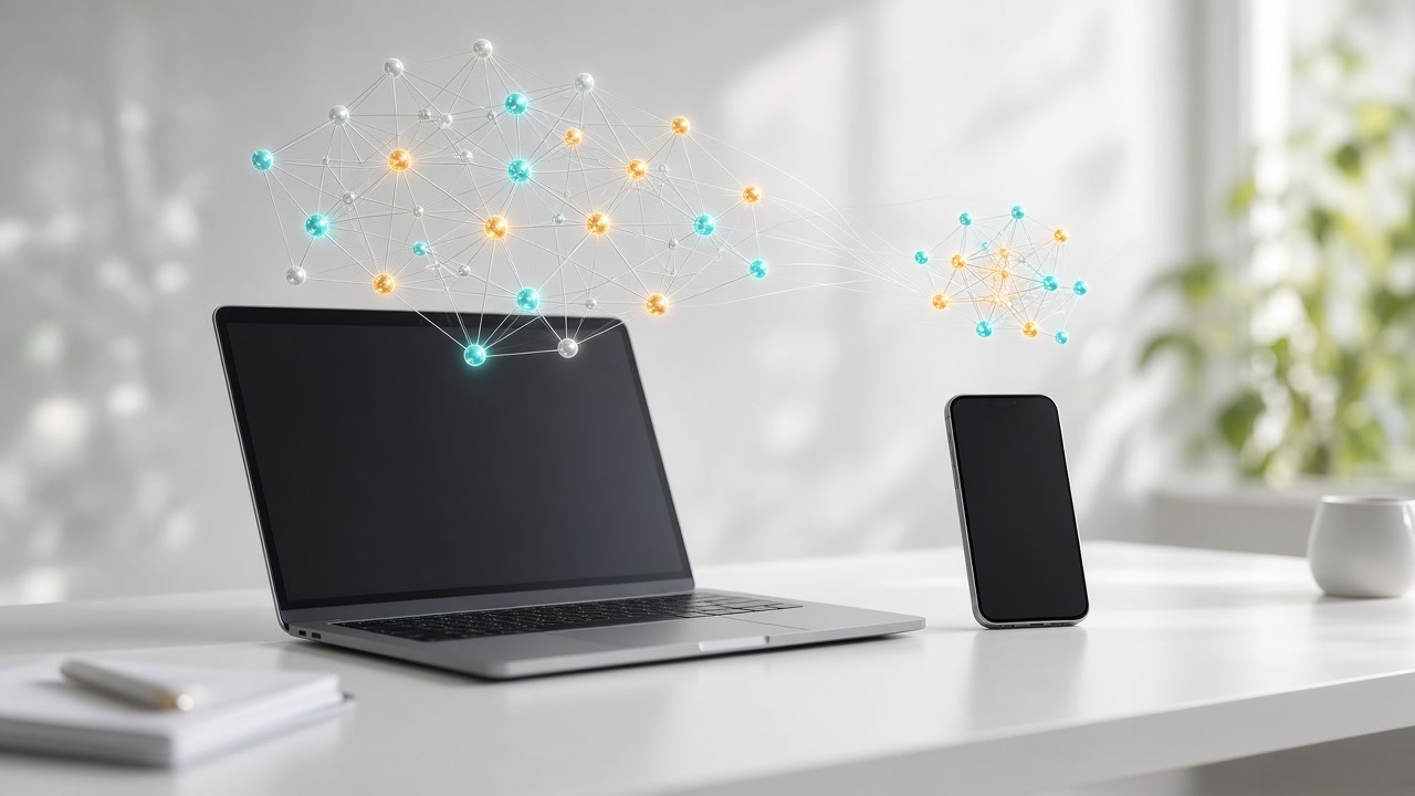 A laptop running an agent with tool icons orbiting it, beside a phone showing a photo being described, with small glowing clusters of nodes lighting up inside each device