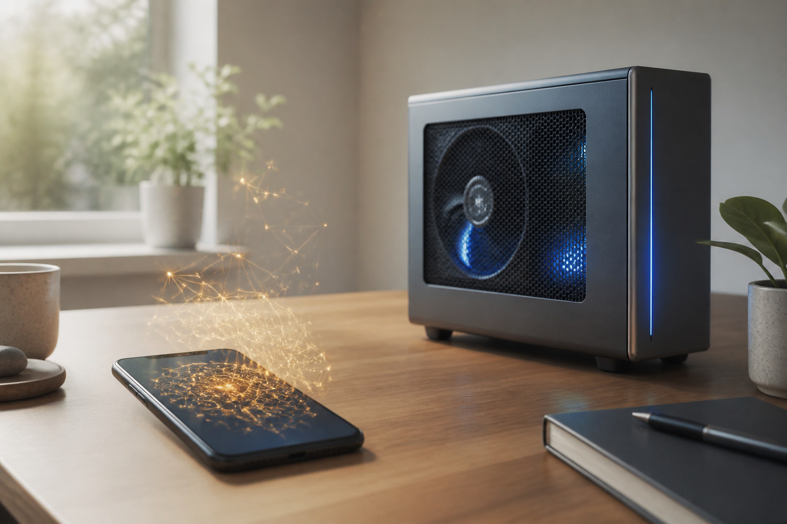 A capable local model running beside a phone and a compact GPU