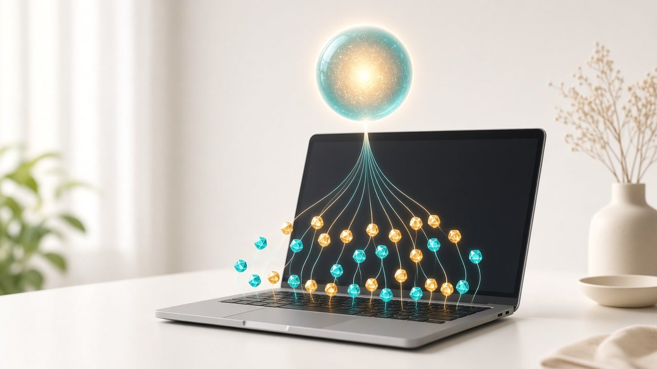 A laptop running several tiny glowing decision nodes that sort incoming tickets into labeled lanes, feeding a larger AI agent in the background