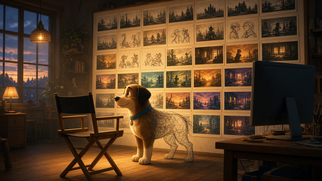 A film clapperboard and an old projector fading into darkness on one side, while animators and a glowing video timeline light up the other