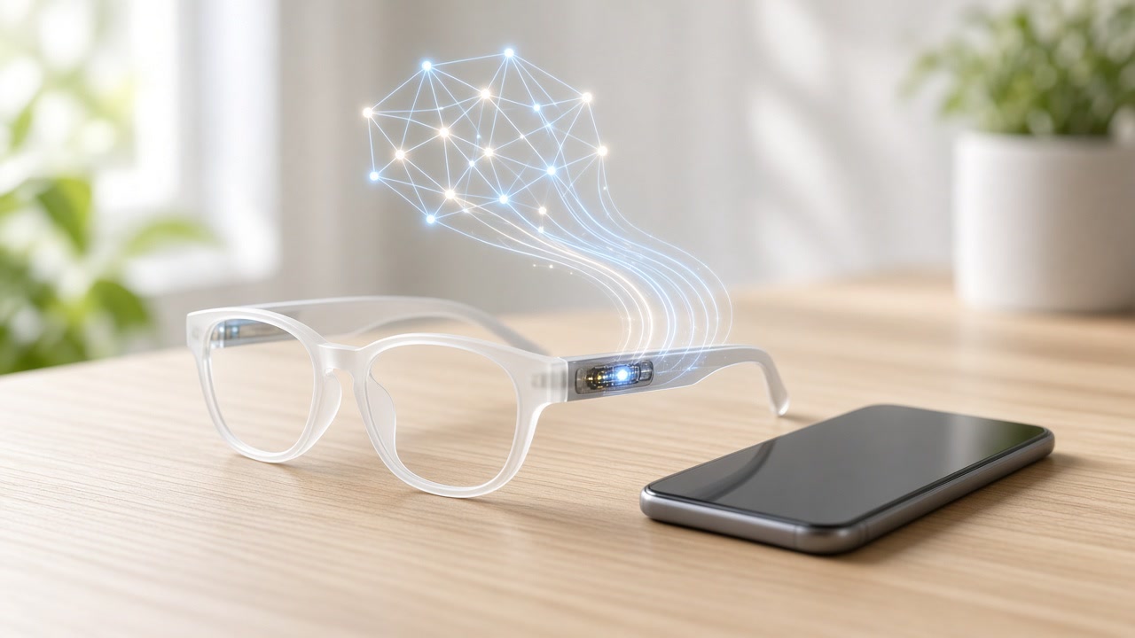 A pair of smart glasses and a smartphone linked by glowing lines to a small neural network chip, suggesting tiny AI models running on device