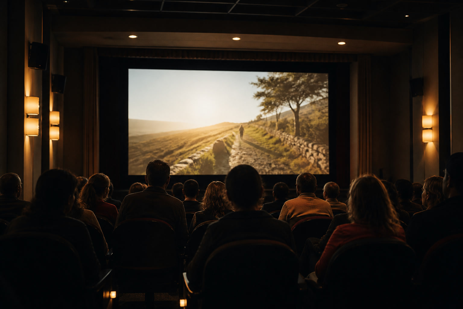 A festival screen waiting in warm light